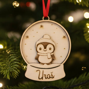 Drveni ukras za jelku sa imenom - Snežna kugla - Pingvin